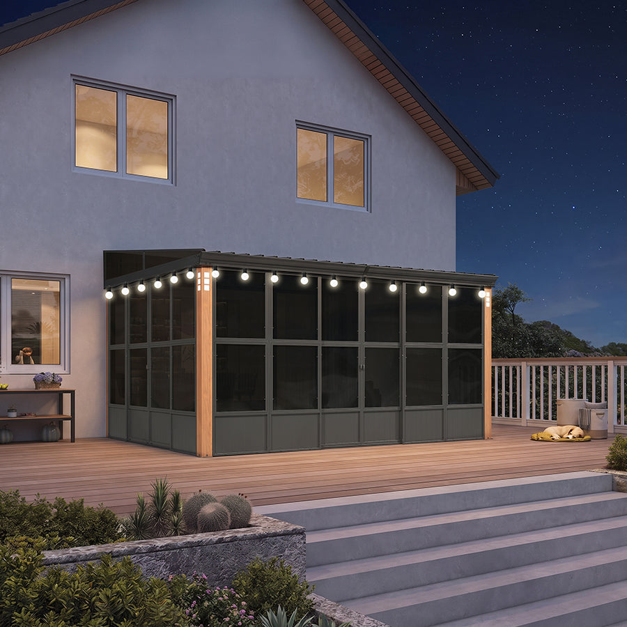 PURPLE LEAF Wall Mounted Sunroom Galvanized Steel Sloped Roof Lean-to Gazebo Aluminum Grey Frame Wood Grain Columns for Outdoor Home Extension with String Lights — product view 3