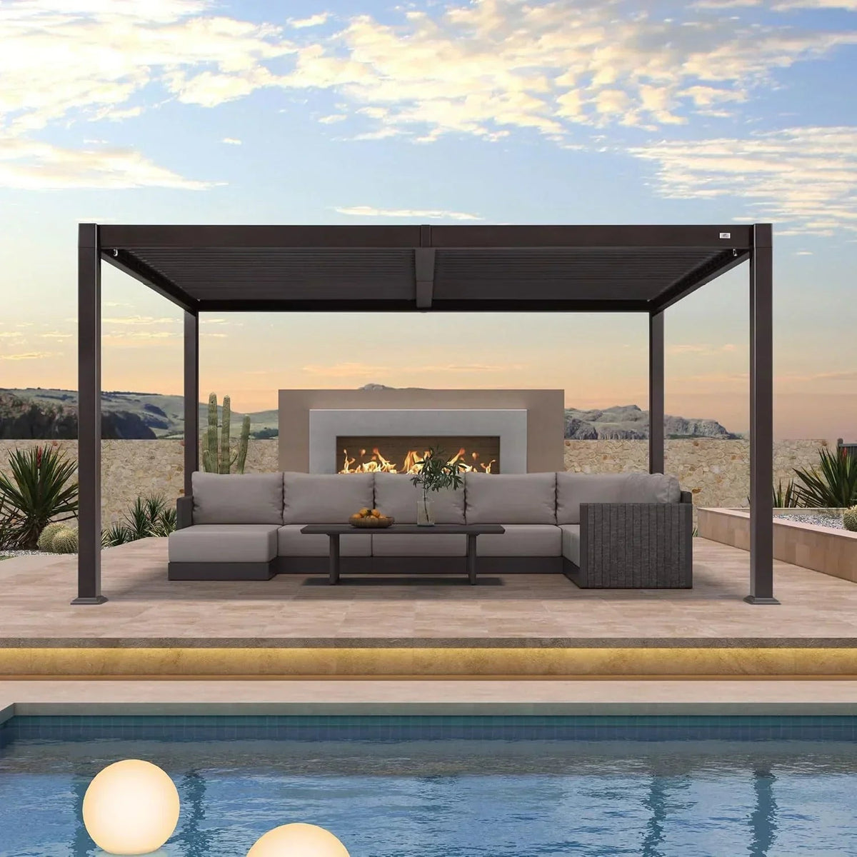 PURPLE LEAF Caesar Louvered Pergola Outdoor Adjustable Louvre Shade Modern Patio Aluminum Pergola with Yellow Lights — product view 4