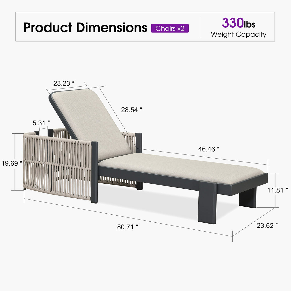 PURPLE LEAF Outdoor Chaise Lounge with Wraparound Armrests and Cushion Aluminum Reclining Tanning Pool Lounge Chairs for Patio Poolside Backyard — product view 3
