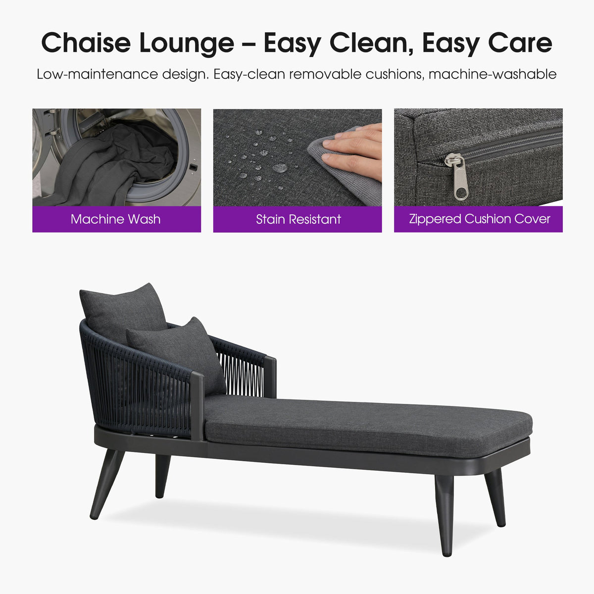 PURPLE LEAF Patio Chaise Lounge Elegant Aluminum Outdoor Lounge Chair with Pillow & Lumbar Support PE Rattan Backrest All Weather for Lawn Beach Backyard — product view 7