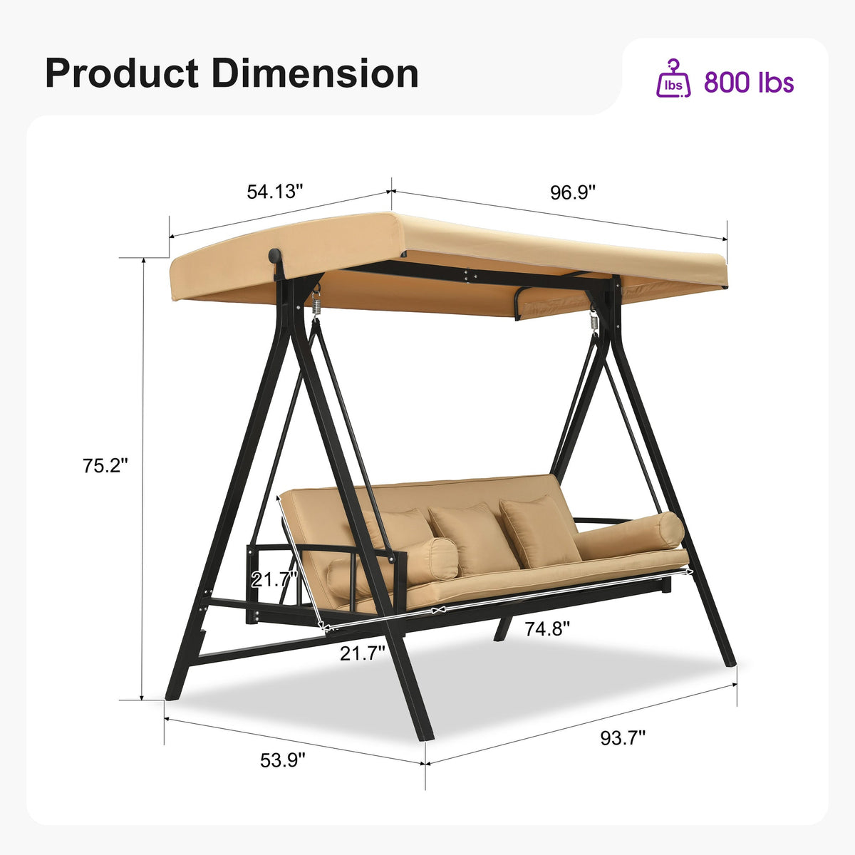 PURPLE LEAF Porch Swing with Adjustable Tilt Canopy Patio Swing with Stand and Meatl Steel Frame All-Weather Outdoor Swing Chair Seat Space-Saving for Backyard Garden Deck — product view 4