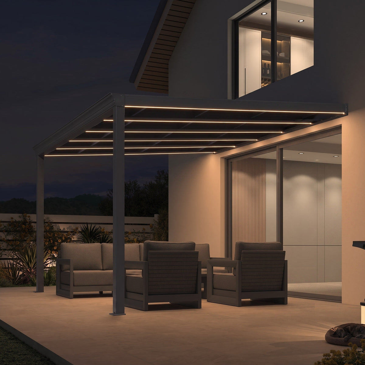 PURPLE LEAF Wall Mounted Gazebo with Gray Polycarbonate Roof Aluminum Frame Patio Cover with Strip Light for Porch — product view 4