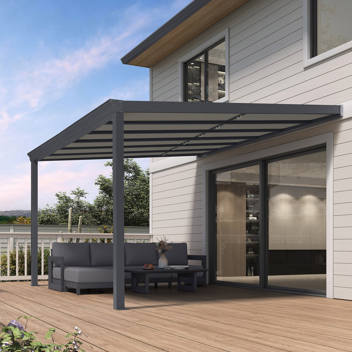PURPLE LEAF Wall Mounted Gazebo with Gray Polycarbonate Roof Aluminum Frame Patio Cover with Retractable Pleated Shades for Porch — product view 6