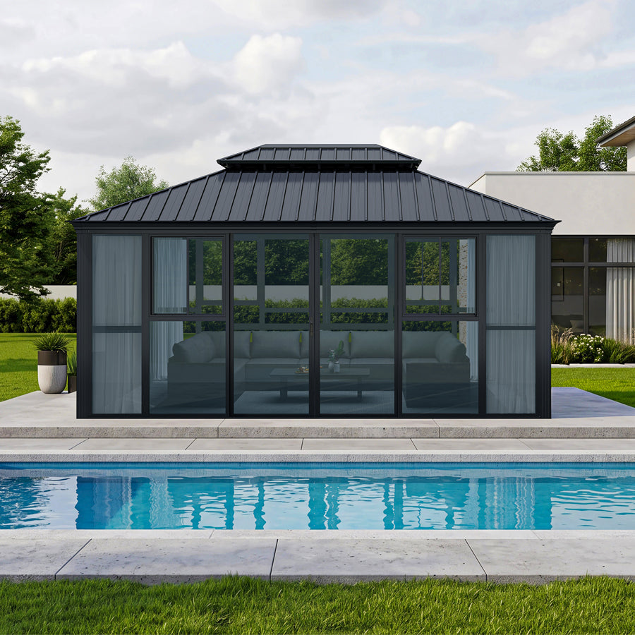 PURPLE LEAF Luxury Sunroom Solarium 360° Transparent Outdoor Living Room with Elegant Curtains Outdoor Gazebo with 4-Side Sliding Doors and Windows for Entertaining — product view 2