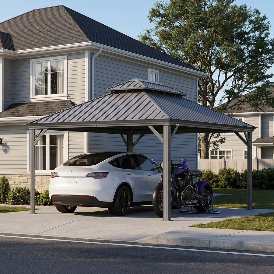 PURPLE LEAF Light Grey Metal Carport with Galvanized Steel Roof Heavy Duty Permanent Outdoor Car Shelter — product view 7