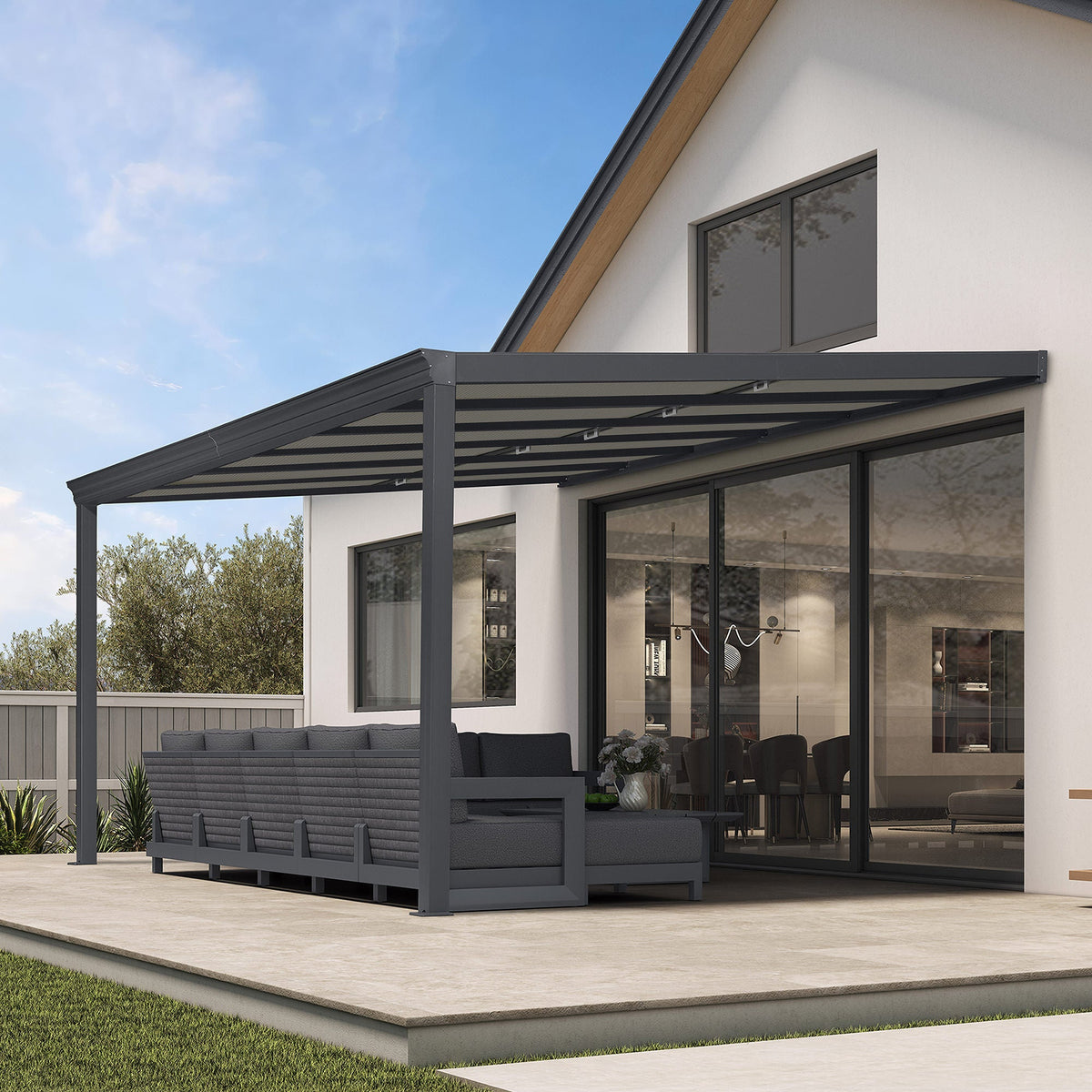 PURPLE LEAF Wall Mounted Gazebo with Gray Polycarbonate Roof Aluminum Frame Patio Cover with Retractable Pleated Shades for Porch — product view 1