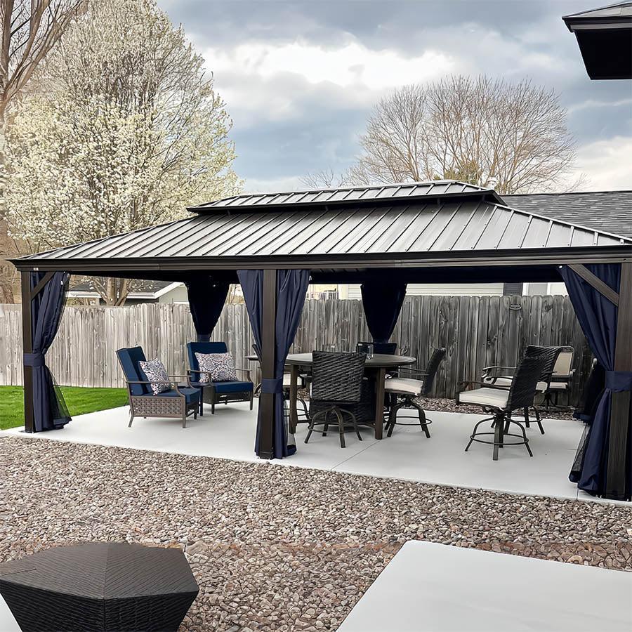 PURPLE LEAF Outdoor Hardtop Gazebo for Patio Bronze Aluminum Frame Pavilion with Navy-Blue Curtain and Reinforced Support Rods — product view 4