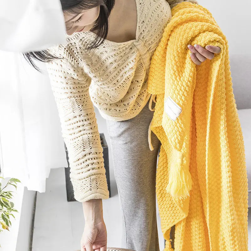 LoungeYard | NordiWrap Knitted Wool Blanket with Tassels | Nordic Design | Cozy & Elegant | Perfect for Home — product view 6