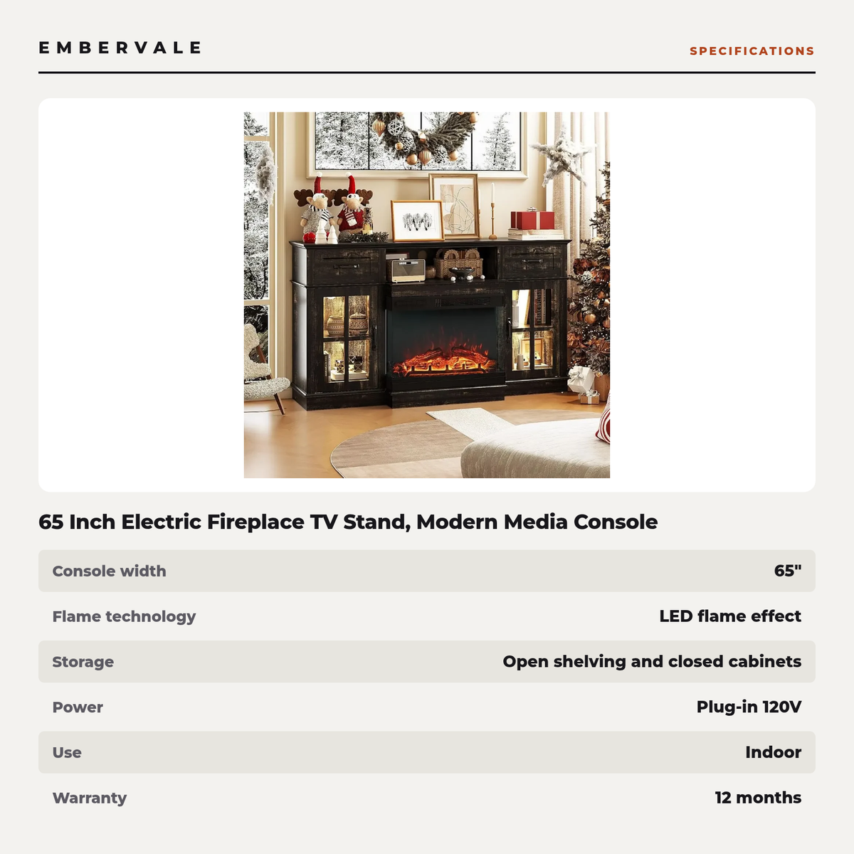 65 Inch Electric Fireplace TV Stand, Modern Media Console Entertainment Center, Storage Cabinets, Adjustable LED Flame for Living Rooms — product view 3