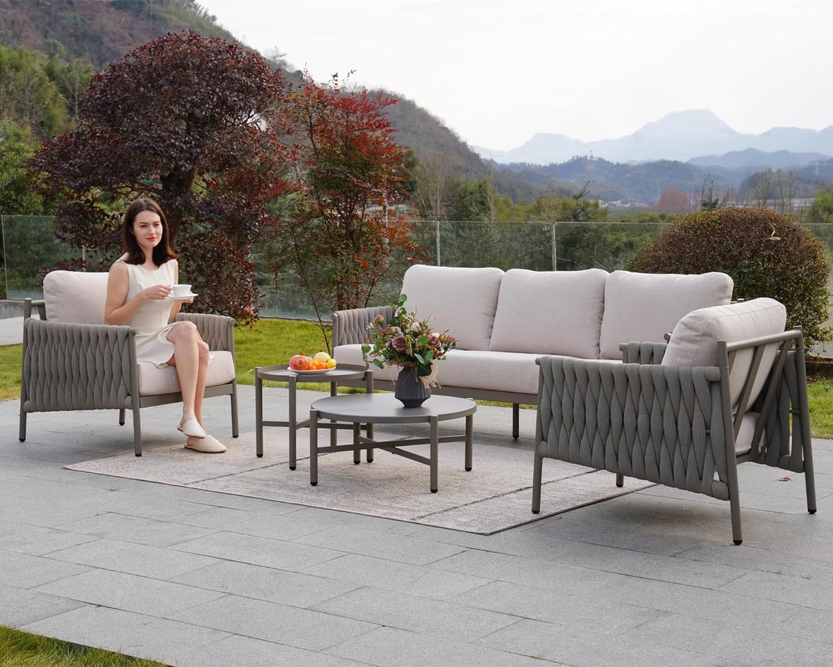 LOUNGE YARD 5-Seat Conversation Sofa Set, Thick Cotton Rope Outdoor Patio Furniture with Cushions — product view 3