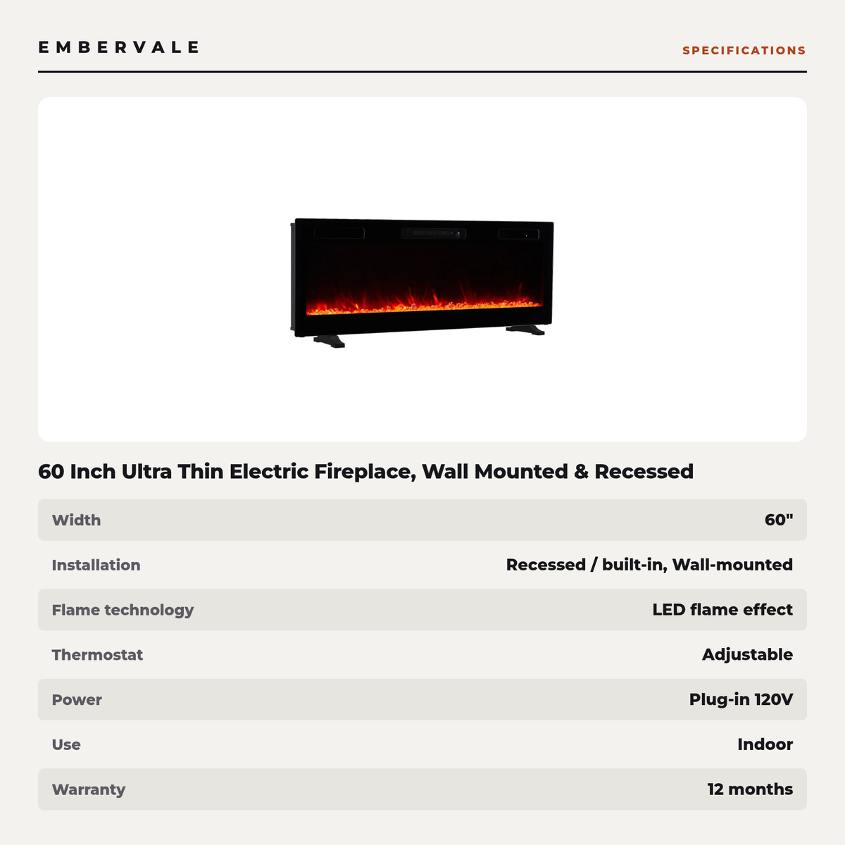 60 Inch Ultra Thin Electric Fireplace, Wall Mounted & Recessed Space Heater with Thermostat and 12 Flame Colors — product view 3