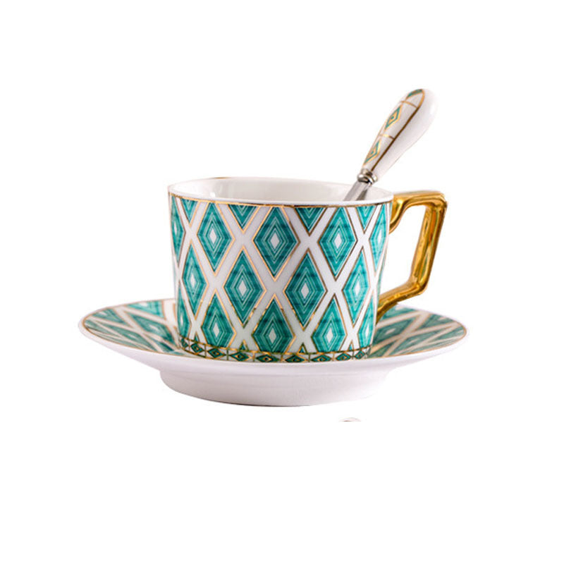 Elegant porcelain coffee cup set with saucers, spoons and delicate ornamental decoration — product view 4