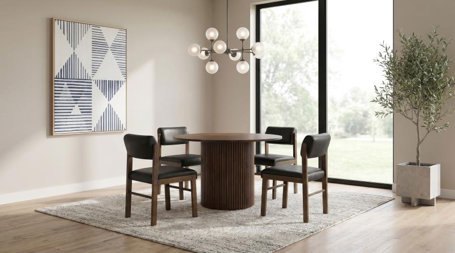 Coaster Decker 5-Piece Round Walnut Dining Table Set with Black Leatherette Chairs – 193930WAL-S5C — product view 1