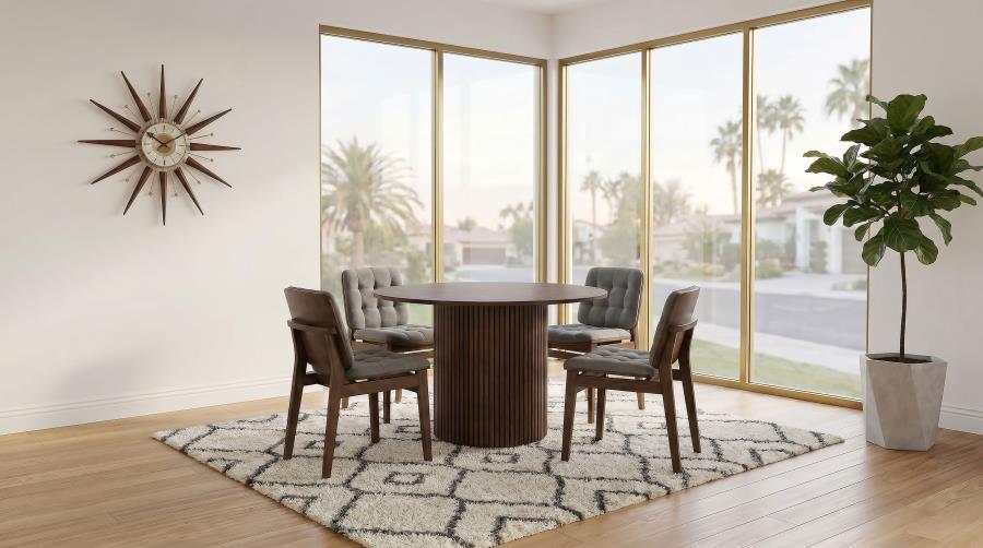 Coaster Decker 5-Piece Round Walnut Dining Table Set with Grey Velvet Tufted Chairs – 193930WAL-S5E — product view 1