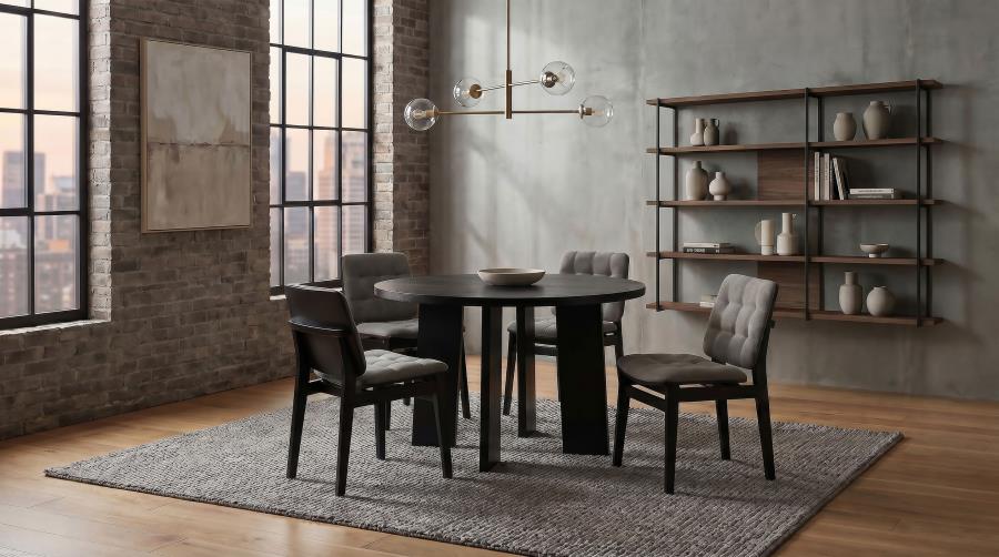 Coaster Strouse 5-Piece Round Black Pedestal Dining Table Set with Grey Velvet Tufted Chairs – 193940BLK-S5E — product view 1