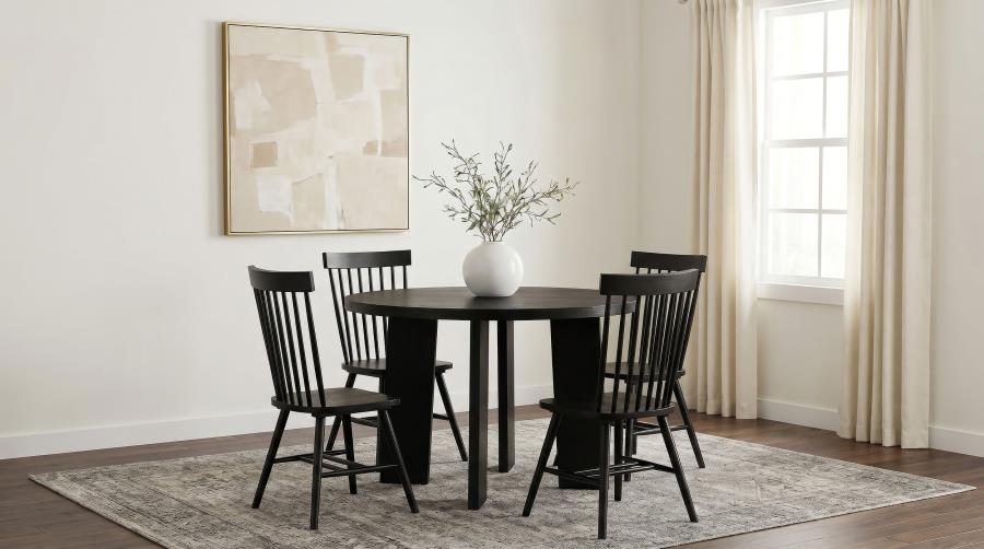 Coaster Strouse 5-Piece Round Black Pedestal Dining Table Set with Tall Spindle-Back Windsor Chairs – 193940BLK-S5G — product view 1