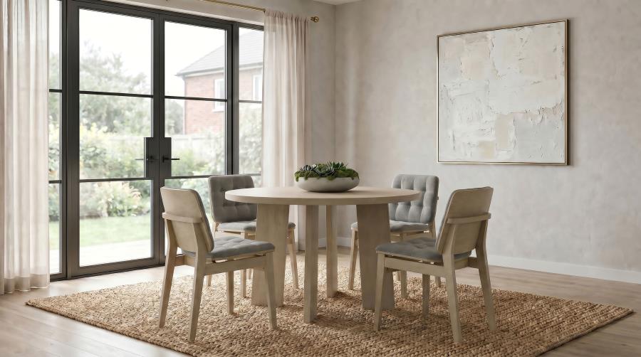 Coaster Strouse 5-Piece Round Natural Oak Pedestal Dining Table Set with Grey Velvet Tufted Chairs – 193940NAT-S5E — product view 1