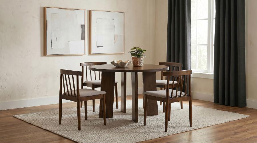 Coaster Strouse 5-Piece Round Walnut Pedestal Dining Table Set with Wheat Spindle-Back Chairs – 193940WAL-S5A — product view 1