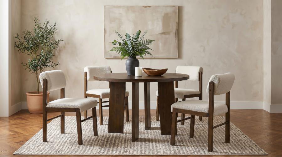Coaster Strouse 5-Piece Round Walnut Pedestal Dining Table Set with Cream Upholstered Chairs – 193940WAL-S5B — product view 1