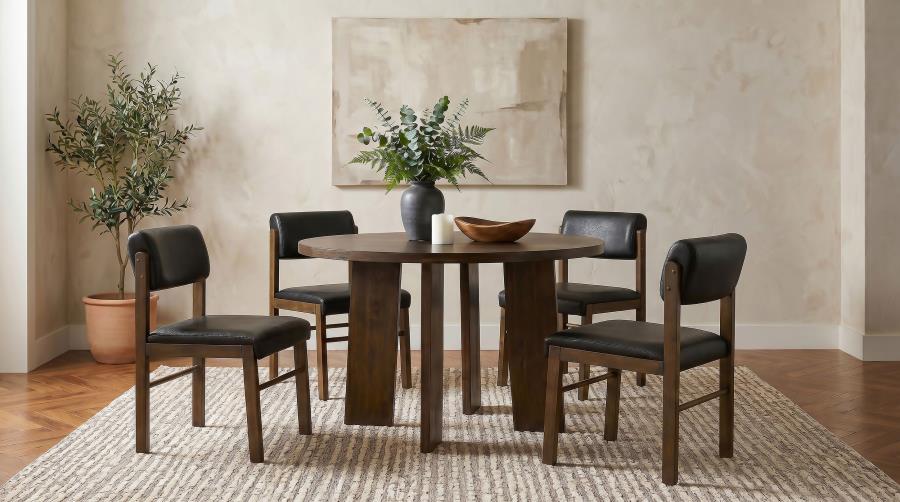 Coaster Strouse 5-Piece Round Walnut Pedestal Dining Table Set with Black Leatherette Chairs – 193940WAL-S5C — product view 1