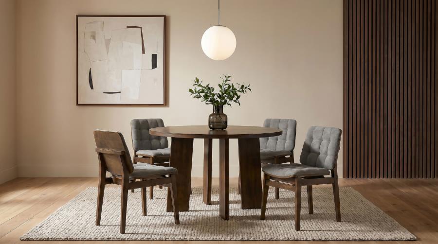 Coaster Strouse 5-Piece Round Walnut Pedestal Dining Table Set with Grey Velvet Tufted Chairs – 193940WAL-S5E — product view 1