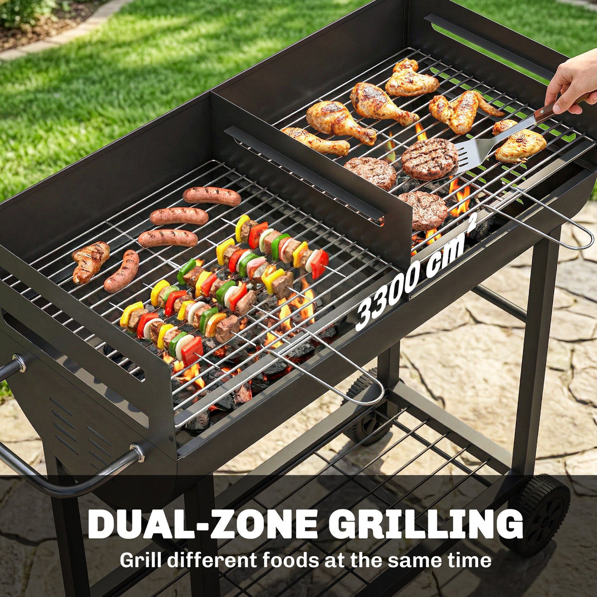 Charcoal BBQ Trolley, Metal 2-Zone Grill on Wheels, Adjustable Grates, Black — product view 6