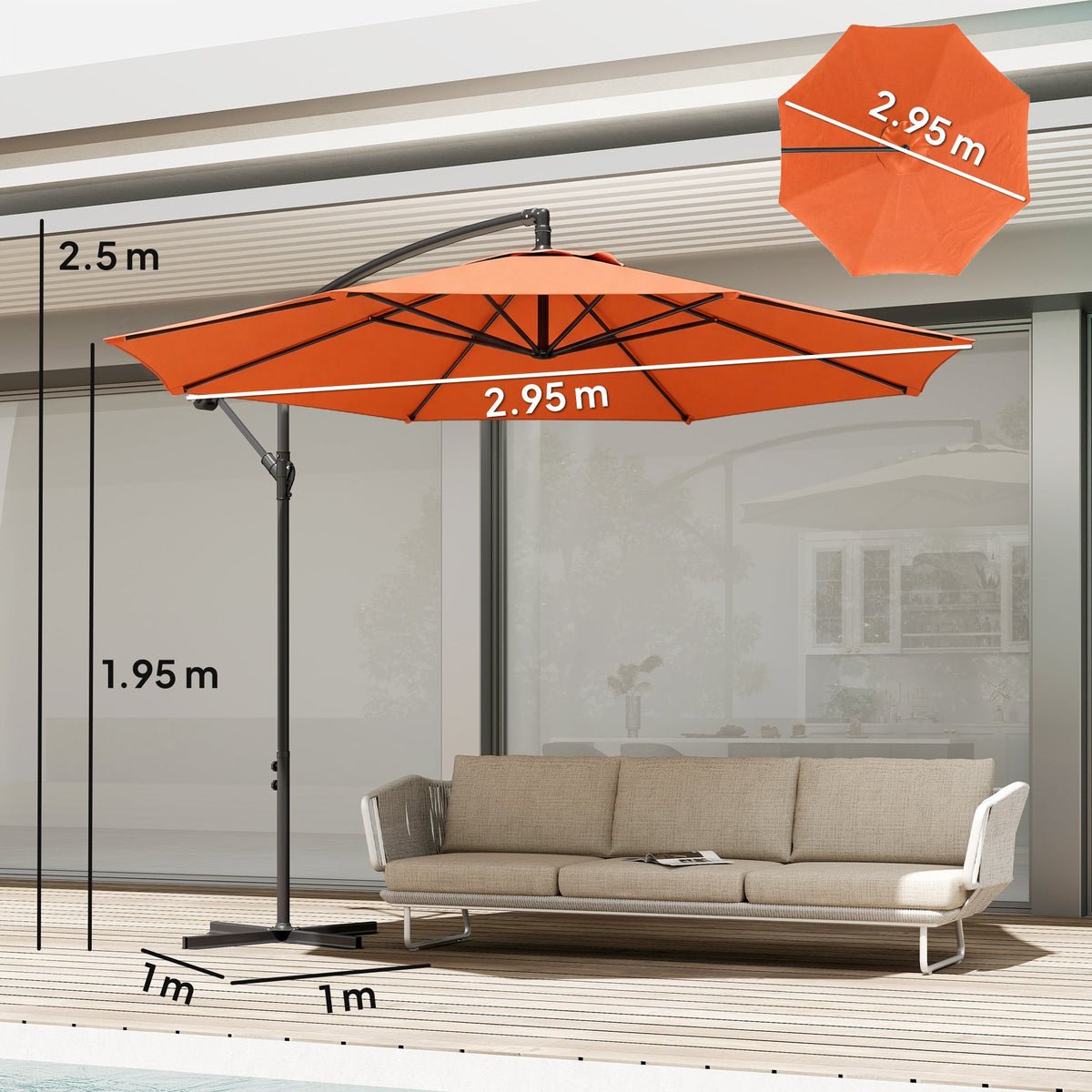 3 m Banana Parasol with Crank Handle, 8 Ribs & Cross Base, Orange — product view 5