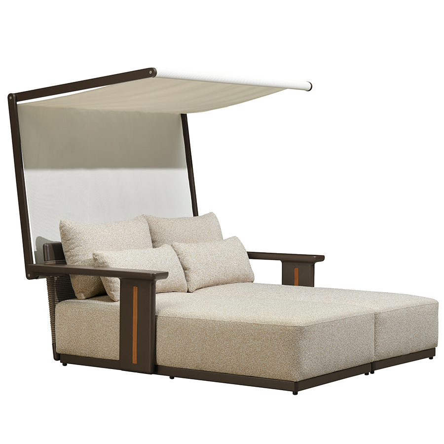 PURPLE LEAF Luxury Double Chaise Lounge Chair Outdoor Premium Aluminum Lounger with Teak Trim Armrest and 4 Pillows Modern Daybed with Textilene Canpoy for Pool Backyard Deck Garden — product view 1