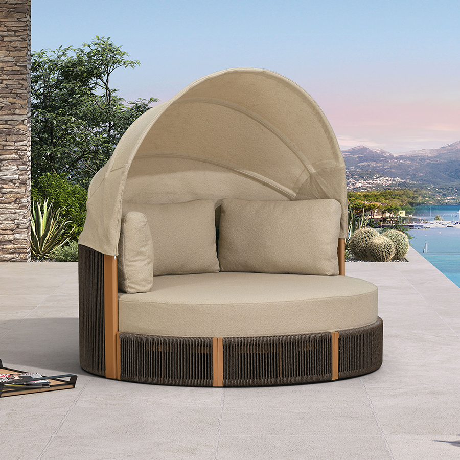 PURPLE LEAF Outdoor Round Daybed Chaise Lounge with Adjustable Canopy for Patio, Olefin fabric cover, thickened seat and back cushion, adjustable canopy, all weather aluminum frame, elegant wicker design — product view 6