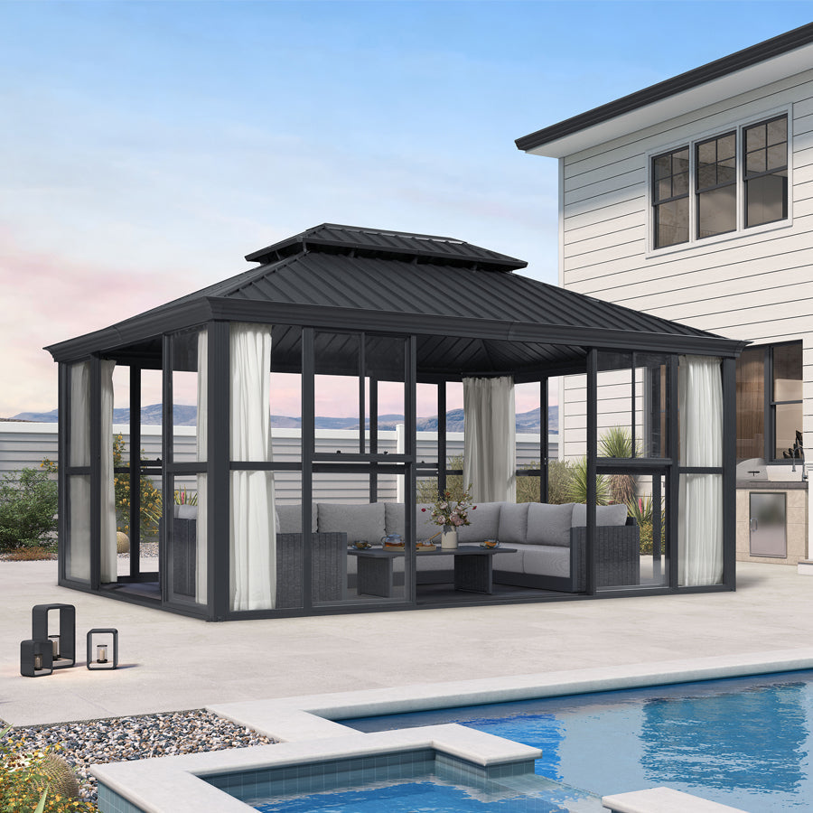 PURPLE LEAF Luxury Sunroom Solarium 360° Transparent Outdoor Living Room with Elegant Curtains Outdoor Gazebo with 4-Side Sliding Doors and Windows for Entertaining — product view 7