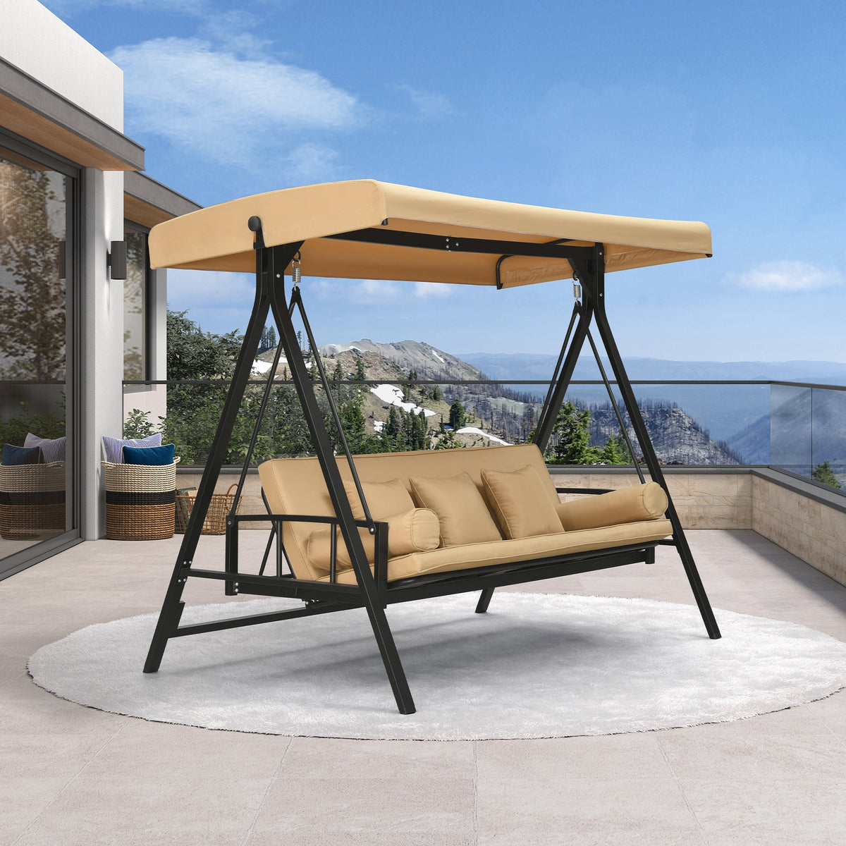 PURPLE LEAF Porch Swing with Adjustable Tilt Canopy Patio Swing with Stand and Meatl Steel Frame All-Weather Outdoor Swing Chair Seat Space-Saving for Backyard Garden Deck — product view 2