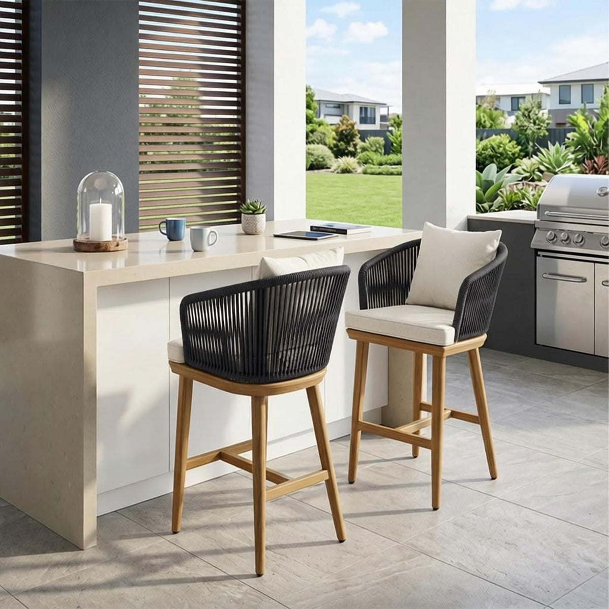 PURPLE LEAF Outdoor Bar Stools Patio Modern Aluminum Rattan High Back & Arms Bar Chairs with Removable Cushions and Pillows for Outdoor or Indoor — product view 2