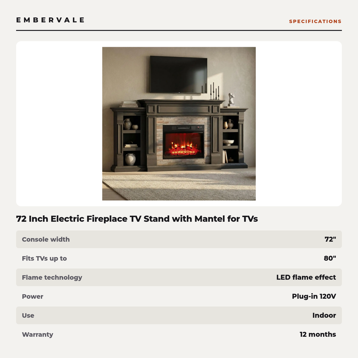 72 Inch Electric Fireplace TV Stand with Mantel for TVs up to 80 Inch, Modern Black Entertainment Center — product view 3