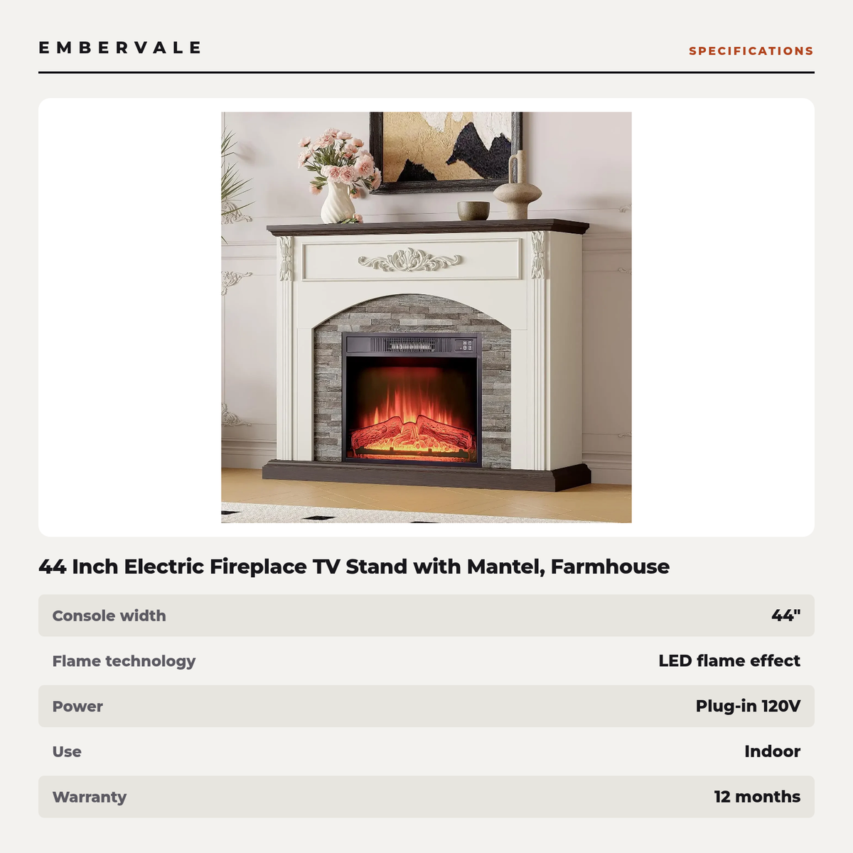44 Inch Electric Fireplace TV Stand with Mantel, Farmhouse Stacked Stone Surround, White Firebox Media Console — product view 3