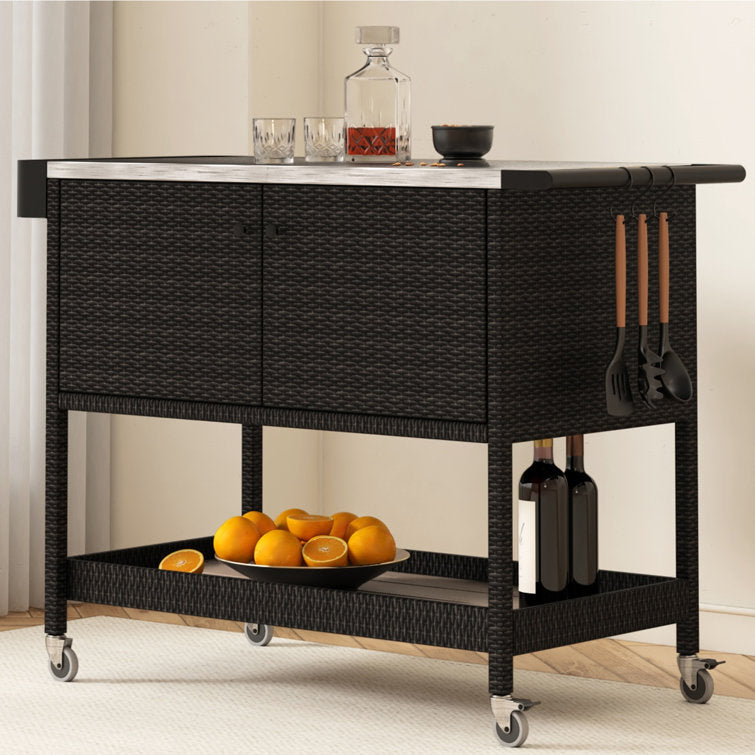 LOUNGE YARD Tietsia Bar Cart, Rolling Wicker Bar Cart w/Storage Cabinet — product view 5