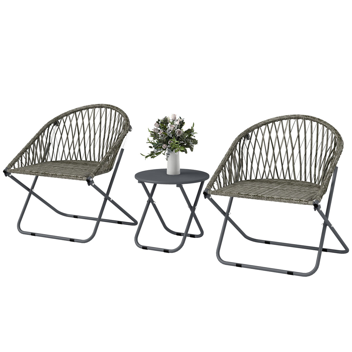 3 Piece Patio Bistro Set with Folding Rattan Chairs, Grey — product view 2