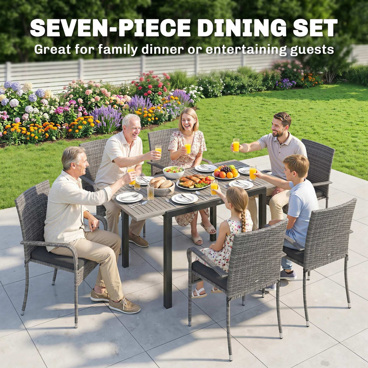 7-Piece Rattan Dining Set with Extendable Acacia Table and 6 Cushioned Chairs — product view 6