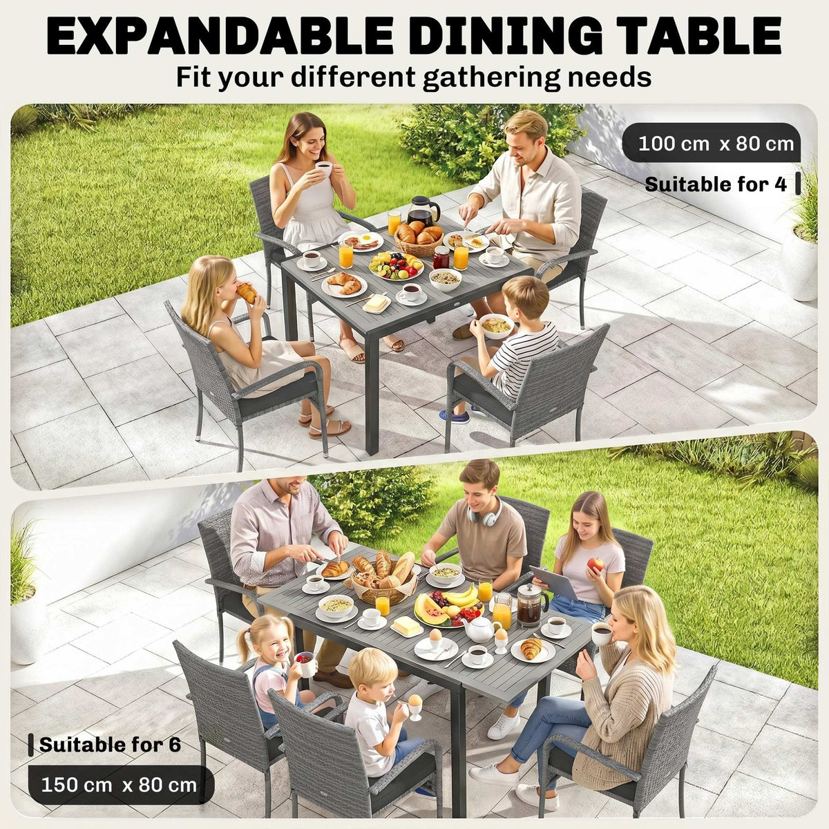 7-Piece Rattan Dining Set with Extendable Acacia Table and 6 Cushioned Chairs — product view 7
