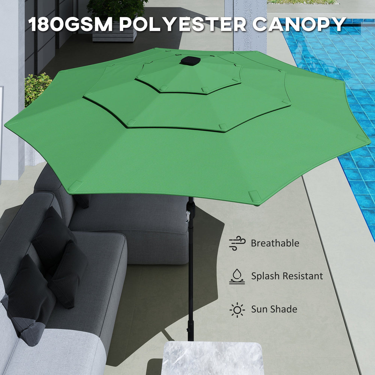 3 m Garden Parasol with 3-Tier Roof, Crank Handle & Tilt, Green — product view 7