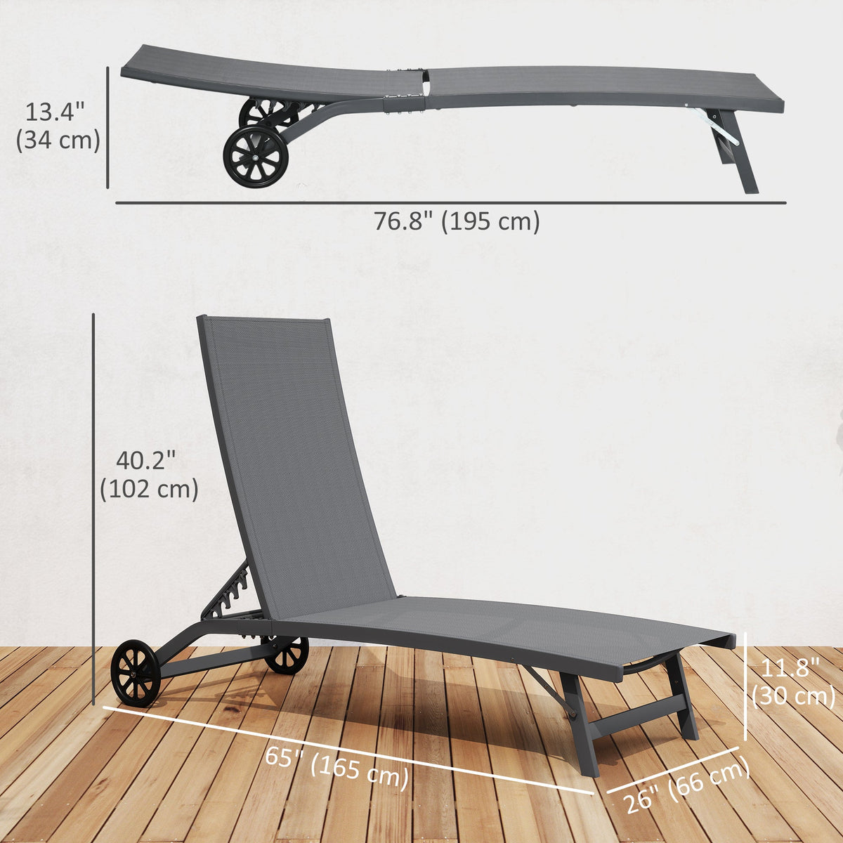 Set of 2 Outdoor Lounge Chairs with Wheels and Mesh Seat, Dark Grey — product view 5