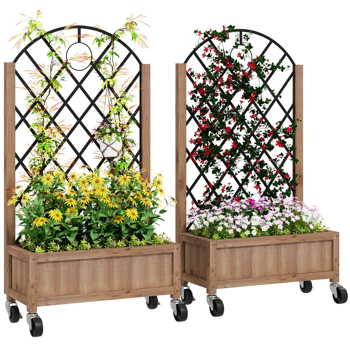 2 Pack Raised Garden Beds with Metal Trellis, Wheels and Drainage, Brown — product view 1