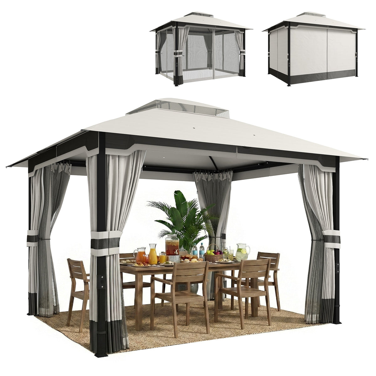 3 x 3.6 m Garden Gazebo with Double Roof, Netting & Curtains, Light Grey — product view 1
