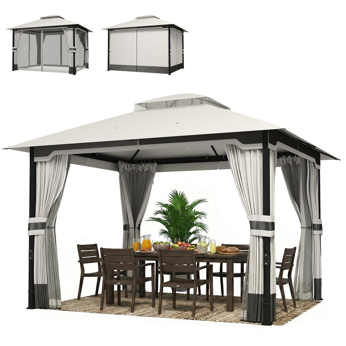 3 x 3.6 m Garden Gazebo with Double Roof, Netting & Curtains, Light Grey — product view 2