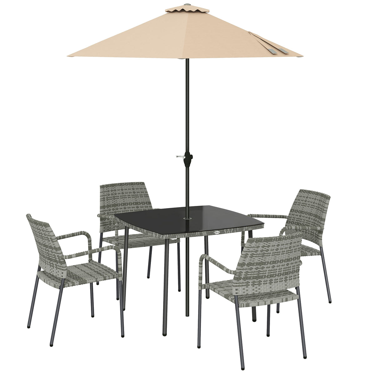 4-Person Rattan Dining Set with Tempered Glass & Tilting Parasol, Light Grey — product view 1