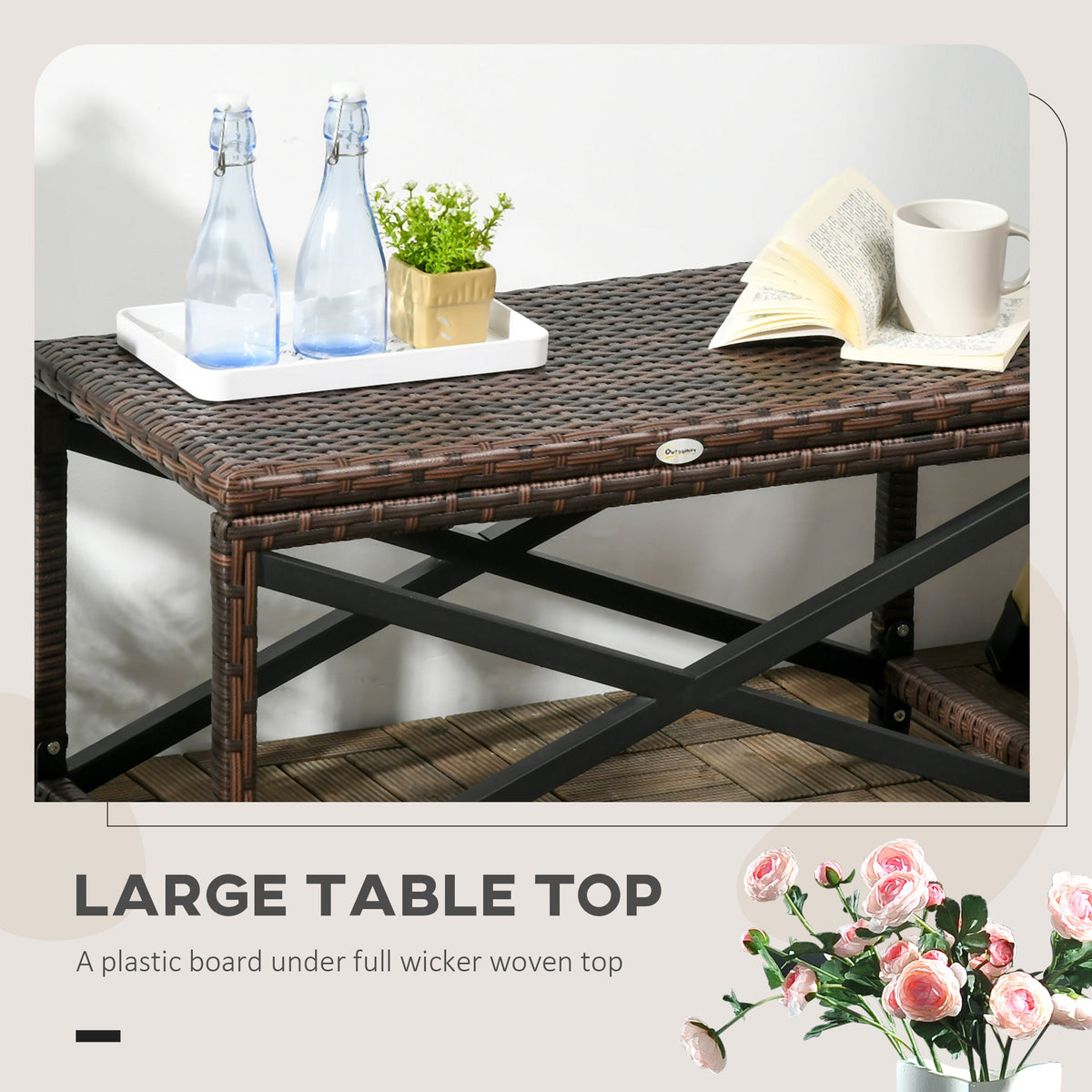 Outdoor PE Rattan Side Table with Plastic Board for Patio, Balcony, Mixed Brown — product view 7
