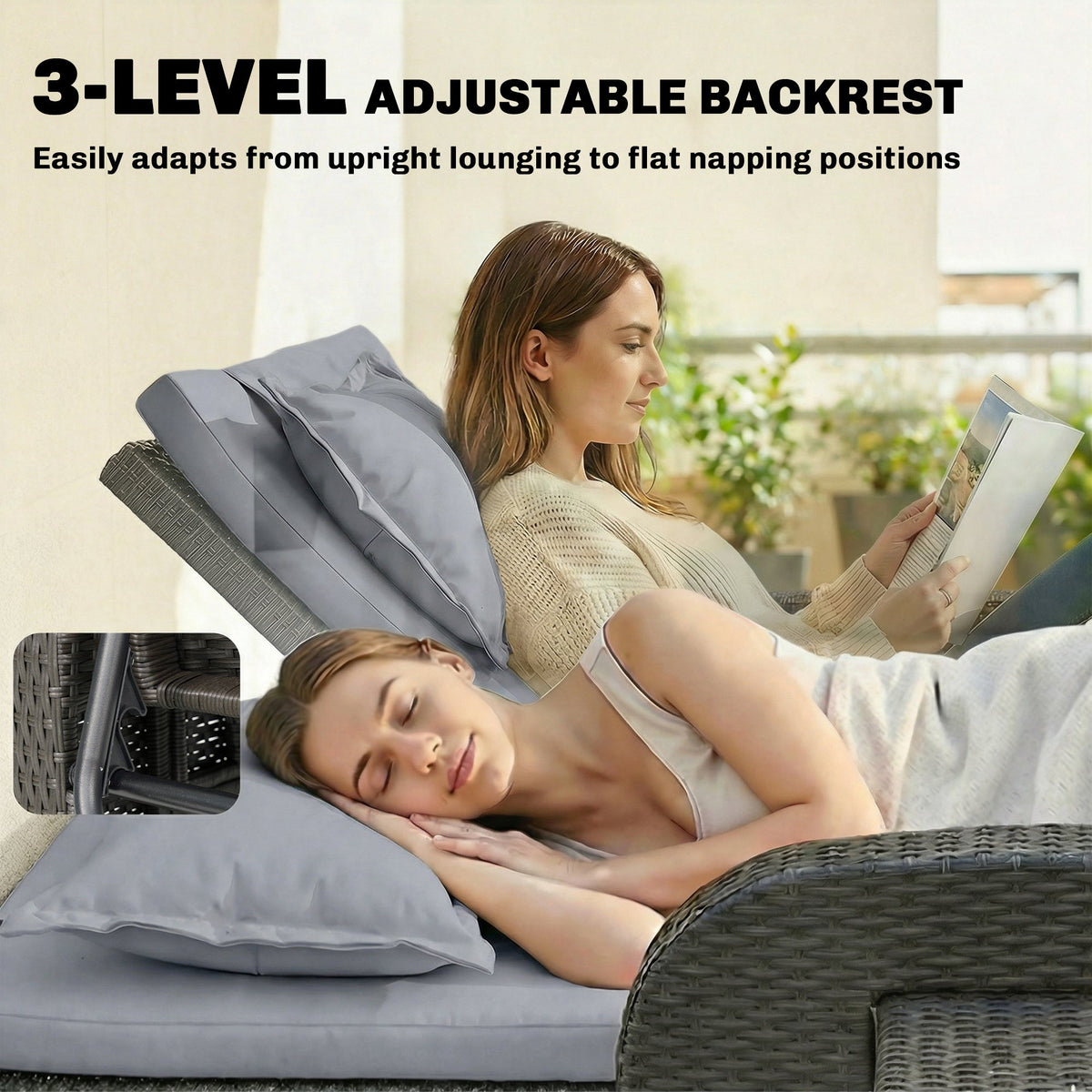 Rattan Patio Daybed with Storage Ottoman and Adjustable Backrest, Gray — product view 7