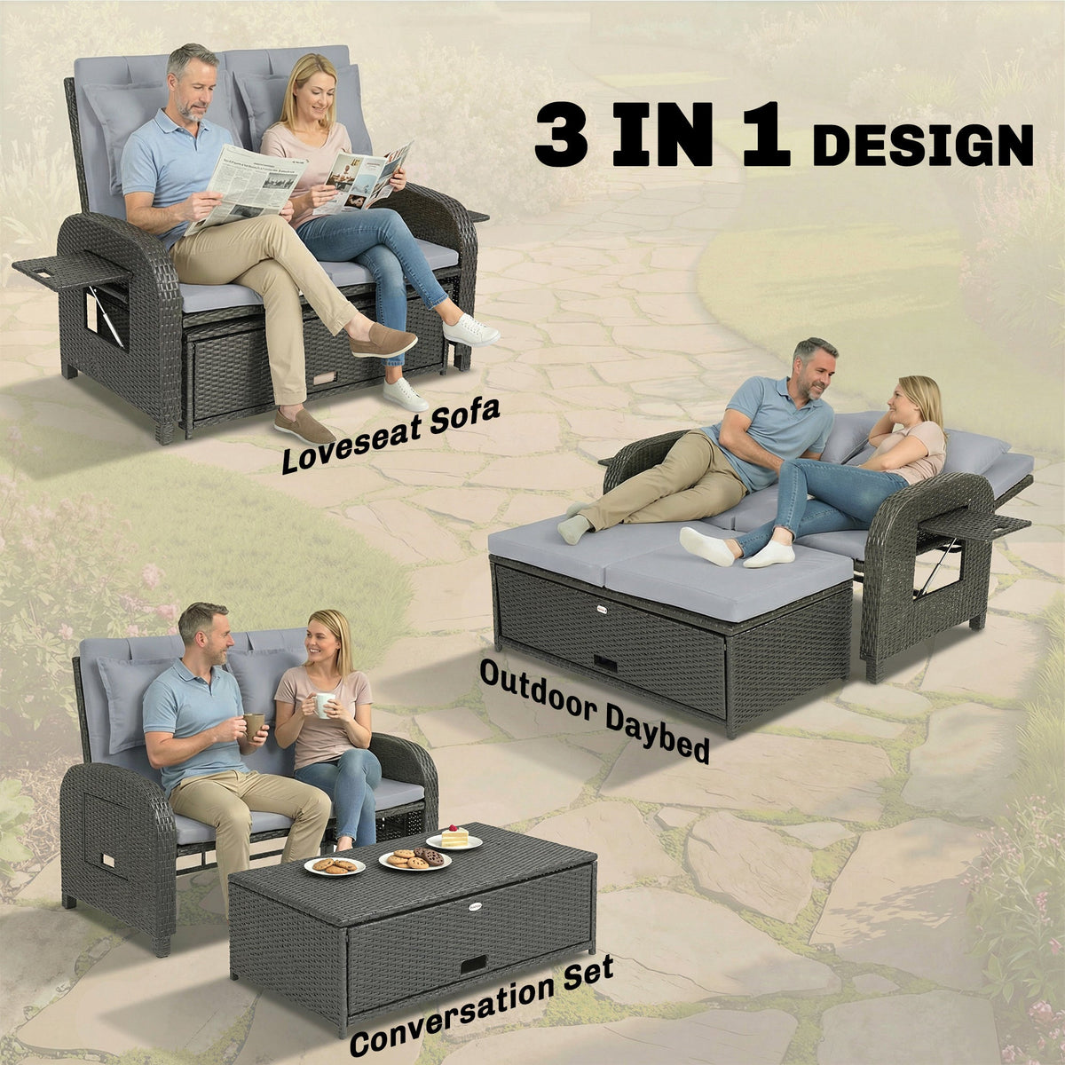 Rattan Patio Daybed with Storage Ottoman and Adjustable Backrest, Gray — product view 6