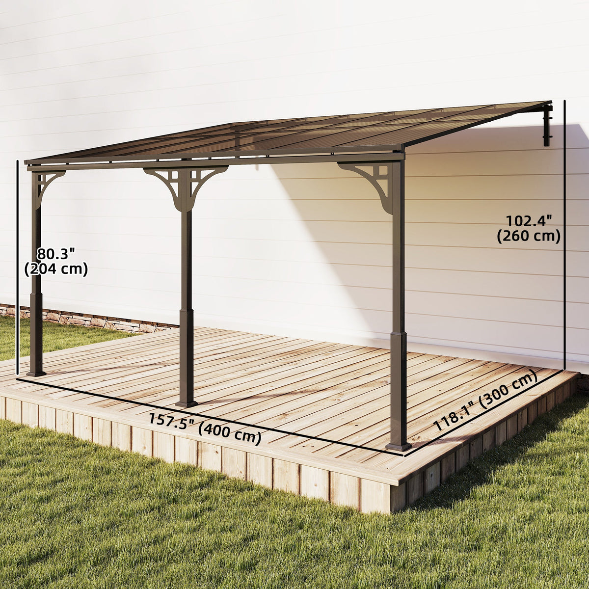 13' x 10' Lean-to Gazebo with Polycarbonate Roof, Brown — product view 5