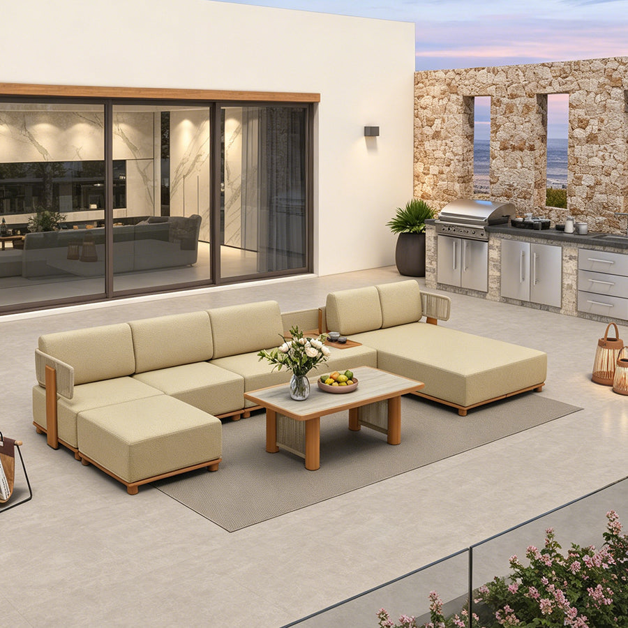 PURPLE LEAF Breck U-Shaped with table Modular Outdoor Sectional with Wood-Grain Aluminum Frame and Thick Teak-Colored Cushions for Family Entertaining — product view 2