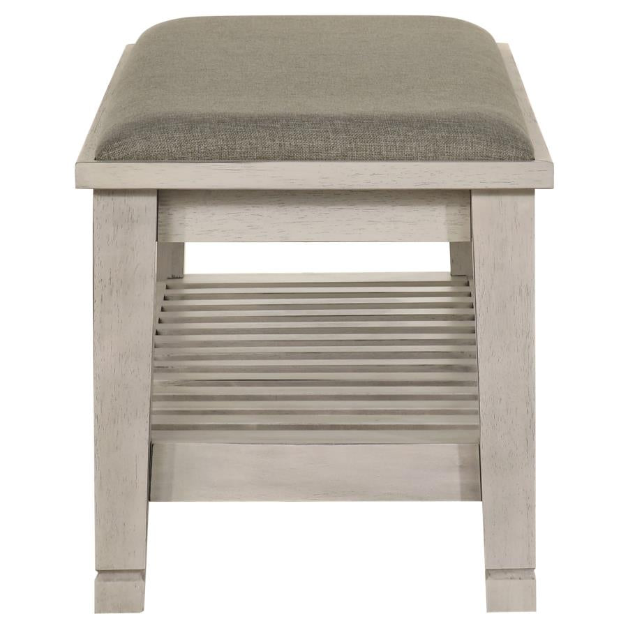 Franco Distressed White Finish Wood Padded Seat Bedroom Bench with Lower Shelf – 205337 — product view 3